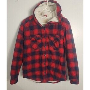 Boston Traders Western Sherpa Lined Hooded, Ink Red Plaid Size Small Cotton